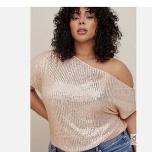 Torrid Rose Gold Sequin One Shoulder Top Plus Size 1 Asymmetrical Party Glam